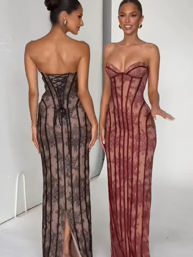 Women Strapless Tulle Fishbone Dress Backless Off Shoulder Printed Patchwork Slim Maxi Dresses 2026 Lady Chic Party Evening Gown