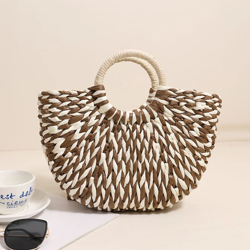Women Straw Tote Handbag Large Capacity Semi-Circle Woven Bag Color Clash Semicircle Weaving Bag Summer Beach Handbag