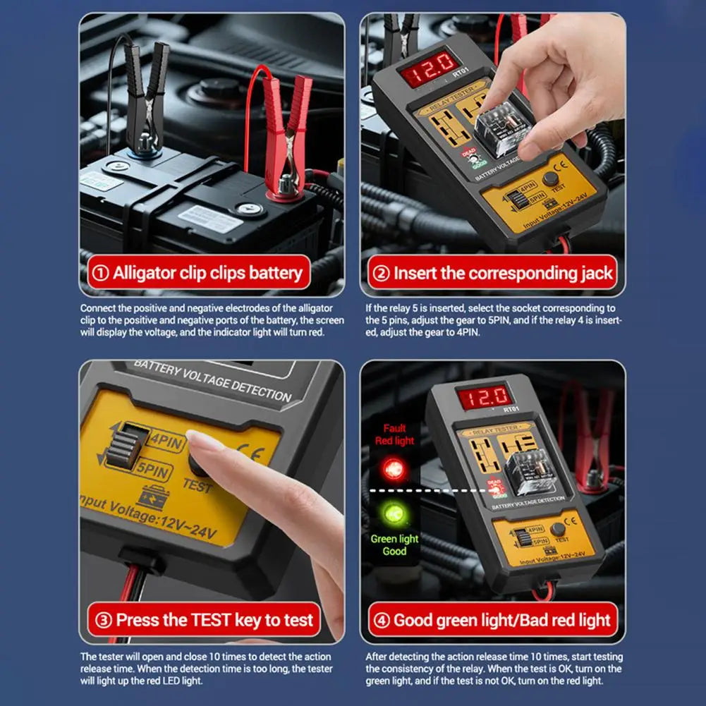 Universal Car Relay Tester Dual Voltage Checker 12/24V Digital Display Automotive LED Indicator Light Relay Diagnostic