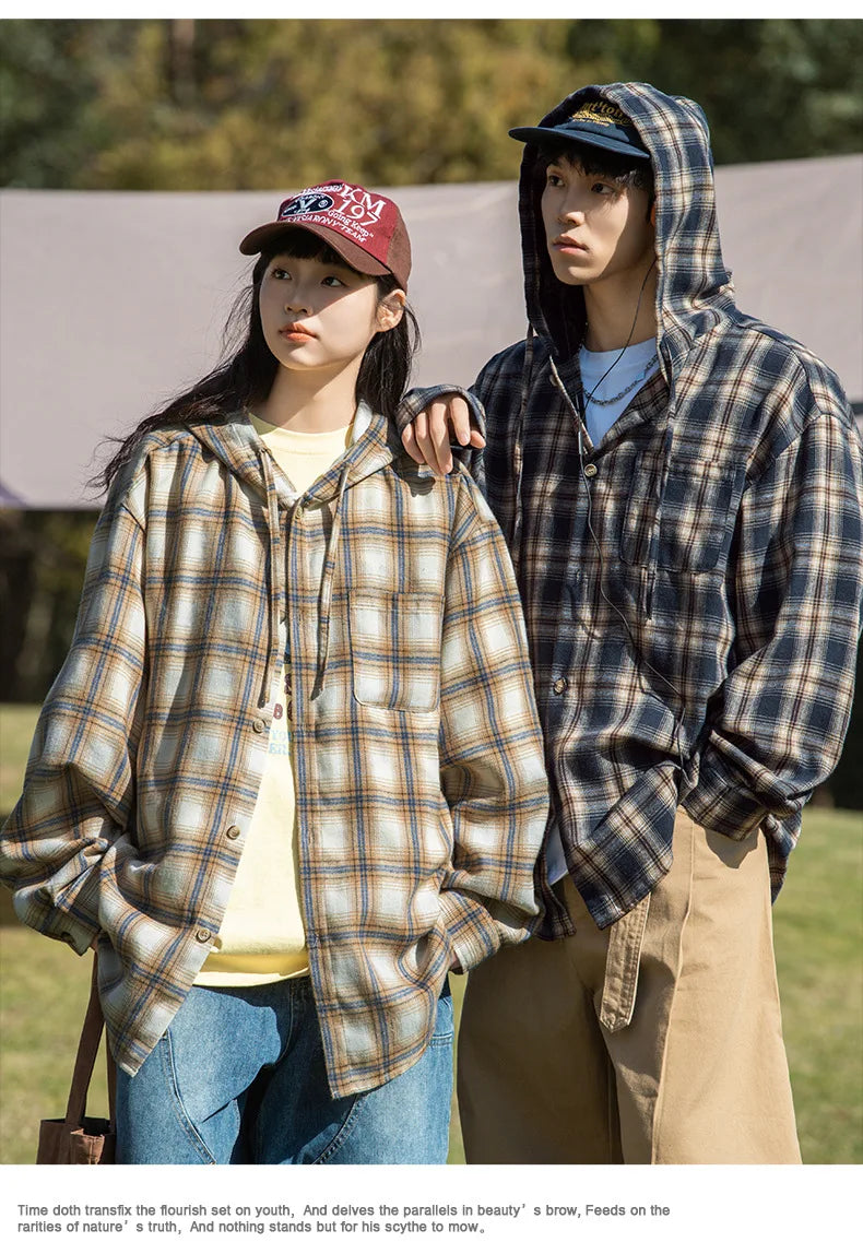 TFETTERS Brand Hooded Shirts Mens Plaid Spring Summer 2025 New Vintage Shirts Male Long Sleeve Fashion Streetwear Mans Coat