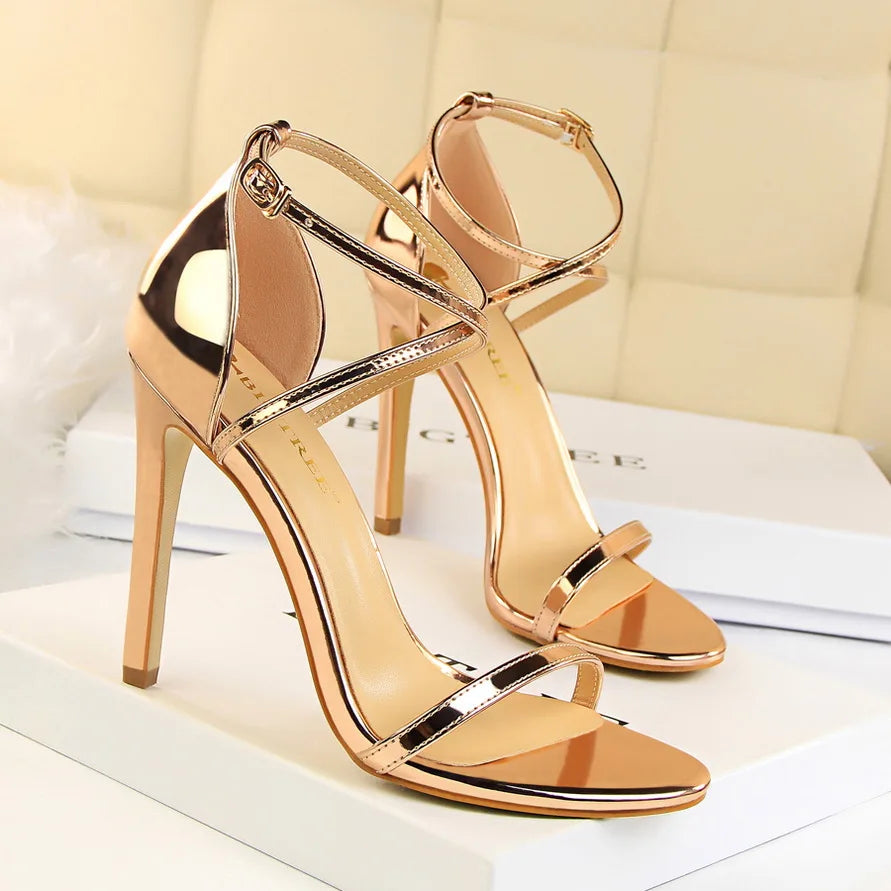 Women Fetish 8cm 11cm High Heels Summer Mid Low Heels Champagne Gold Sandals Roman Pumps Lady Gladiators Stiletto Stripper Shoes