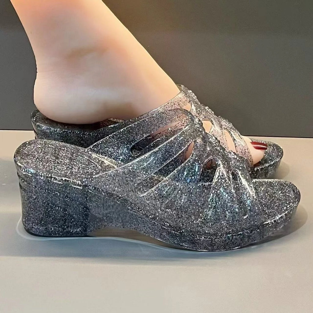 36-40 Women Slippers Summer Wedges Sandals Transparent Crystal Shoes Female Flip Flops Hollow Out Thick-soled Anti-slip Footwear