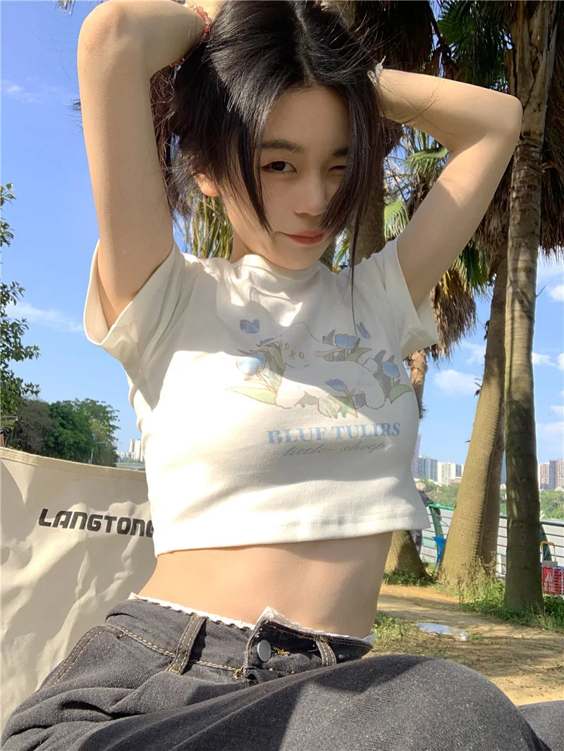 Kawaii Crop Top Summer Women's T-shirt All-match Trendy Fun Printed Casual Slim Korean Cute Tops New Y2K Simple Short Sleeve Tee