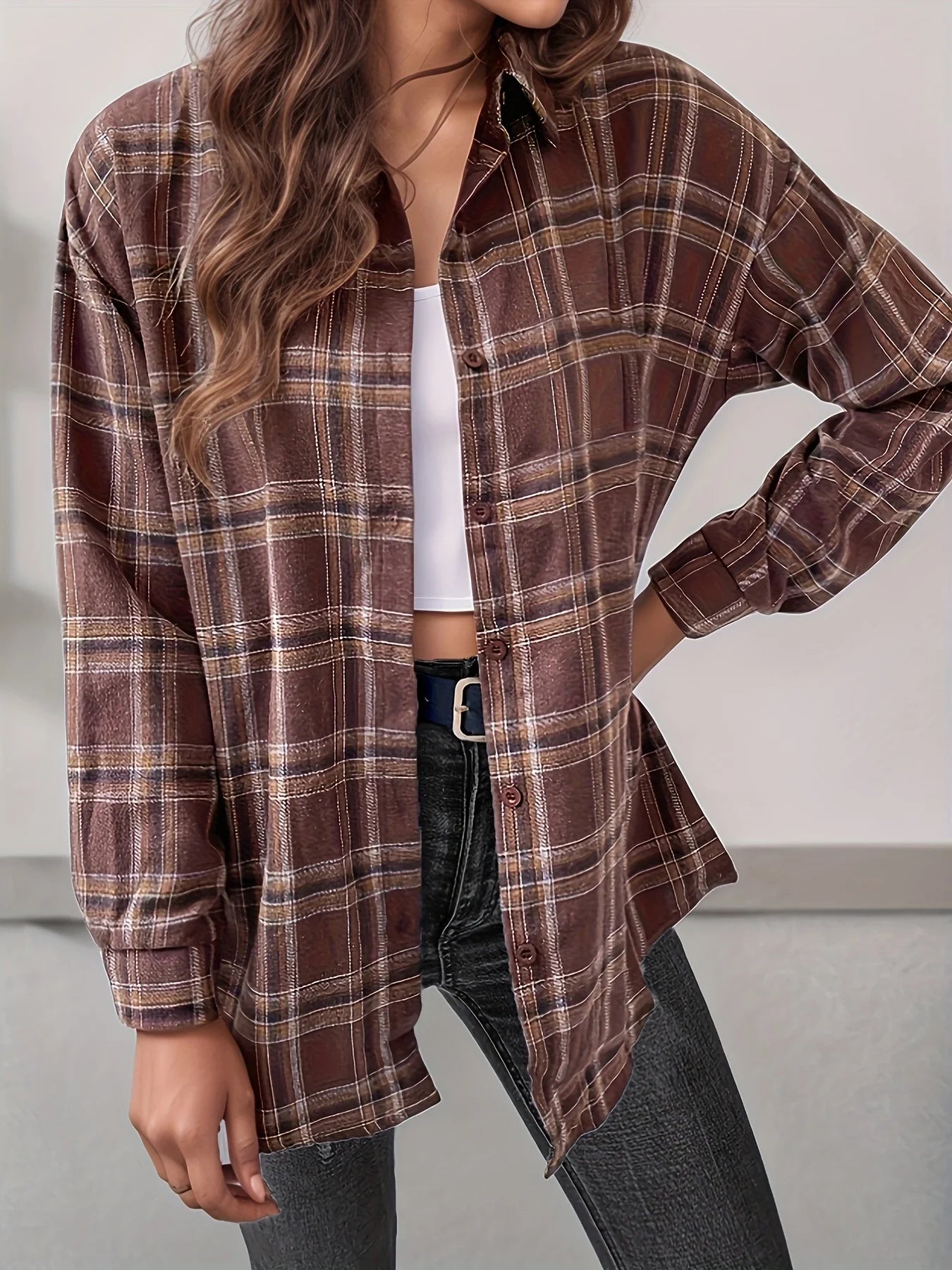Elegant Casual Long Plaid Shirt Shoulder Drape Style Women's Fashion Trendy Button-Up Top