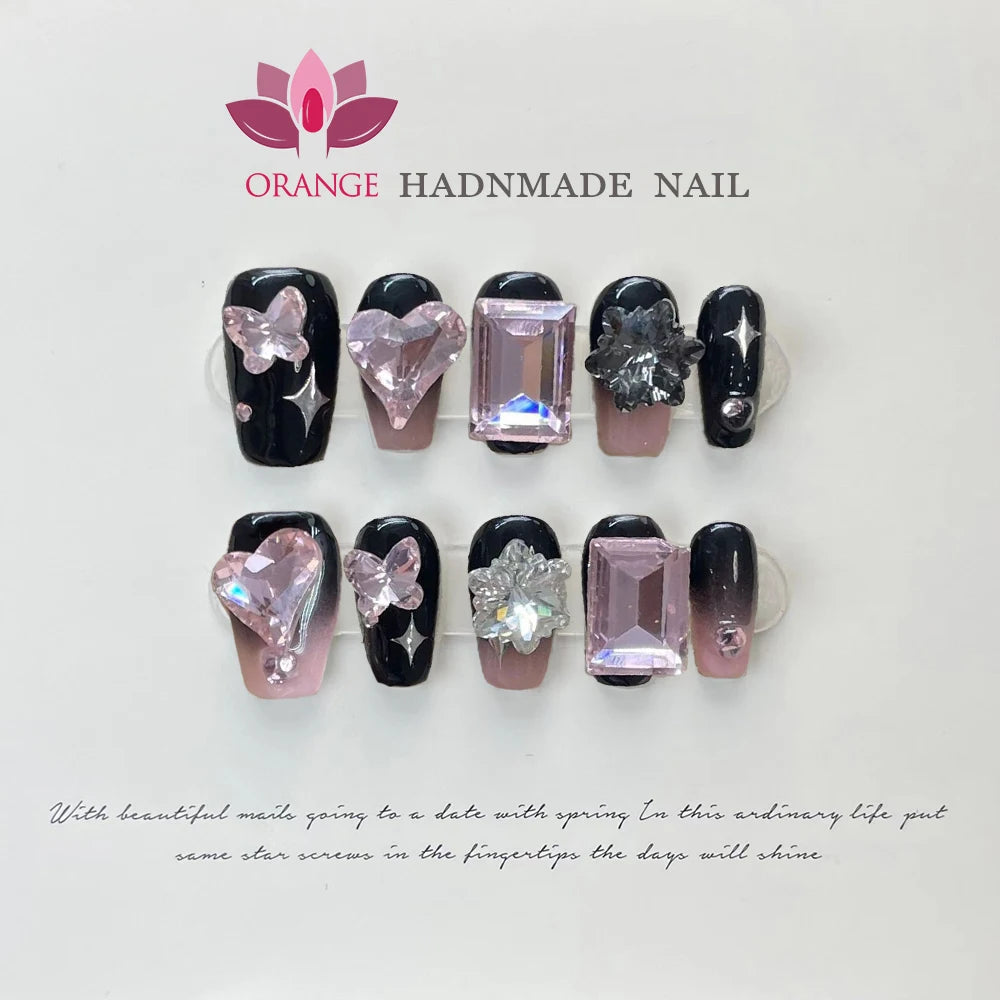 Handmade Black Nails Press Ons Decoration Fake Nails Stars Designed  Full Cover Artificial Manicuree Wearable Orange Nail Store