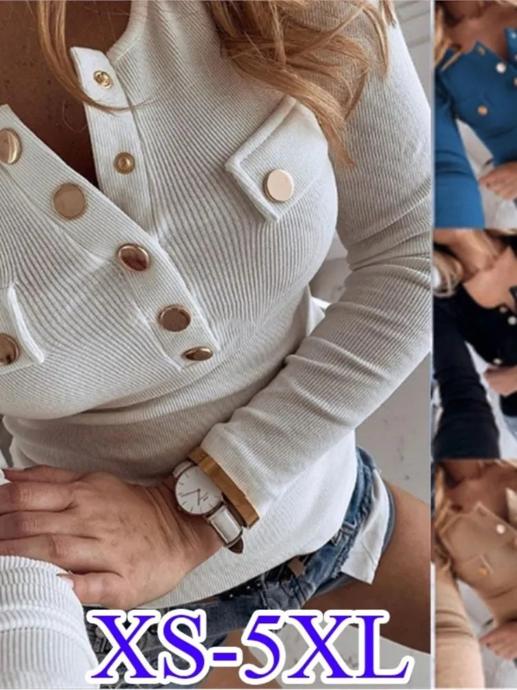 Autumn Women's Knitted Long-sleeved T Shirt Tops Fashion Semi O Neck Button Solid Color Female Casual Versatile Bottoming Tops