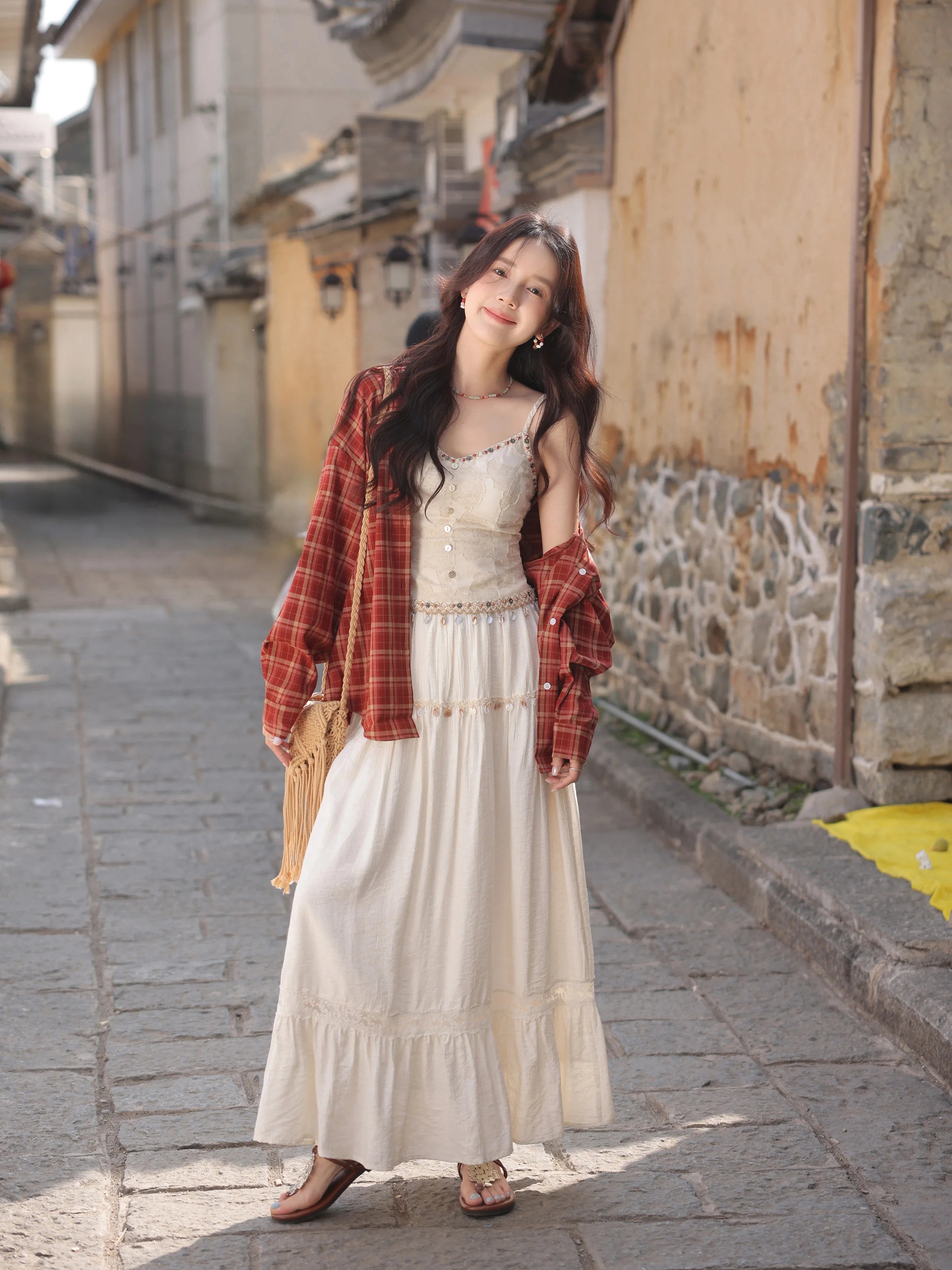 White Lace Three-Piece Set Spring Summer Slim Fit V-Neck Lace Cami Top High-Waisted A-Line Maxi Skirt Chic Red Fashion Shirt