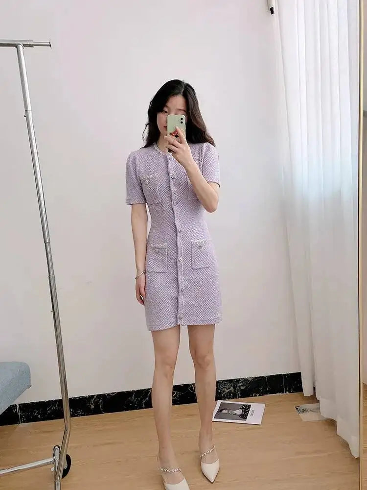 Luxury Crystal Knitted Dresses Women's 2026 Summer Holiday Single Breasted Pearl Sequins Flower Pencil Evening Party Vestidos