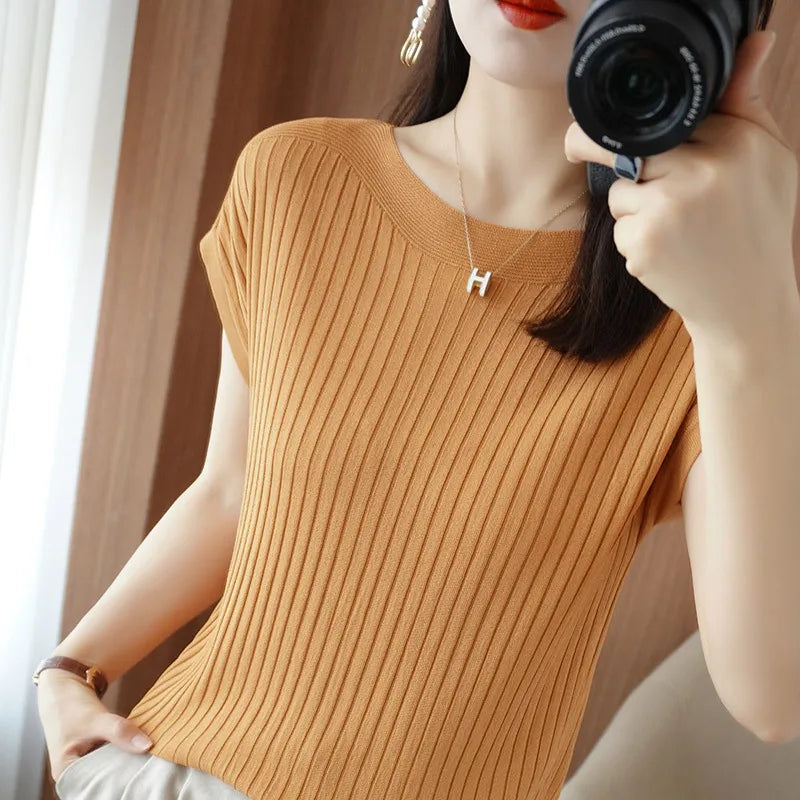 Spring Summer T-shirt Women Short Sleeves Slim Striped Innerwear Slash Neck Fashion Korean Loose Knitted T-shirt Sweater 2026