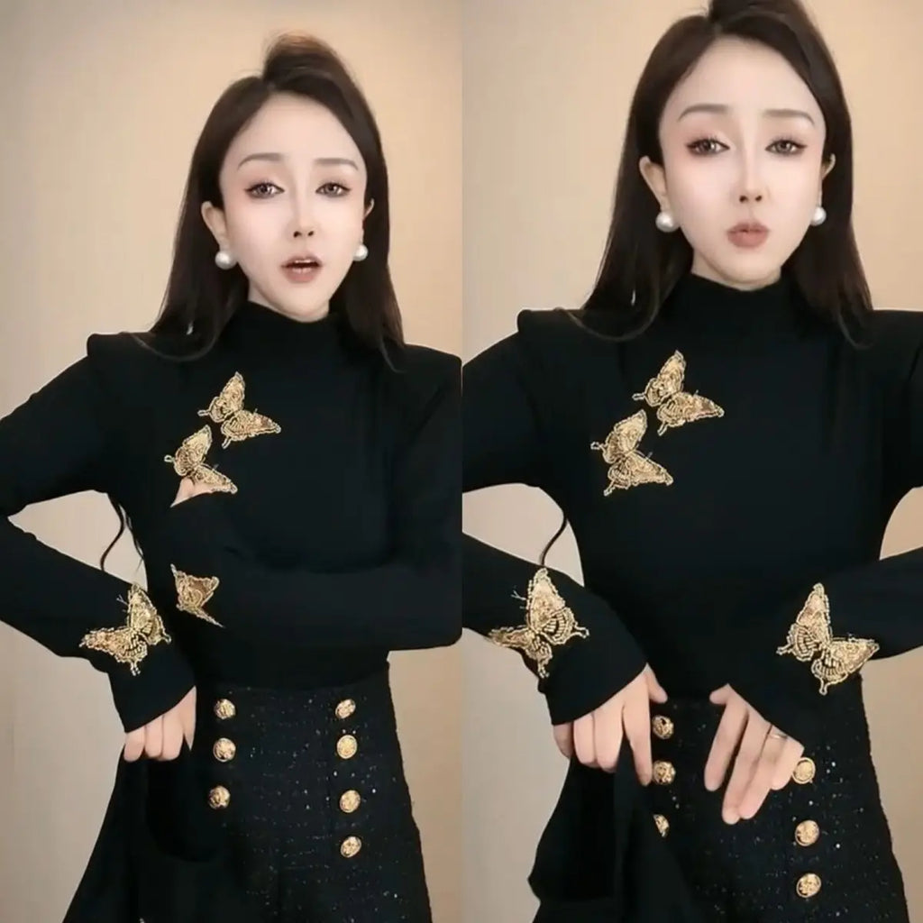 Autumn Winter Half High Collar Long Sleeve Fashion T-Shirts Women High Street Casual Embroidered Patchwork All-match Pullovers