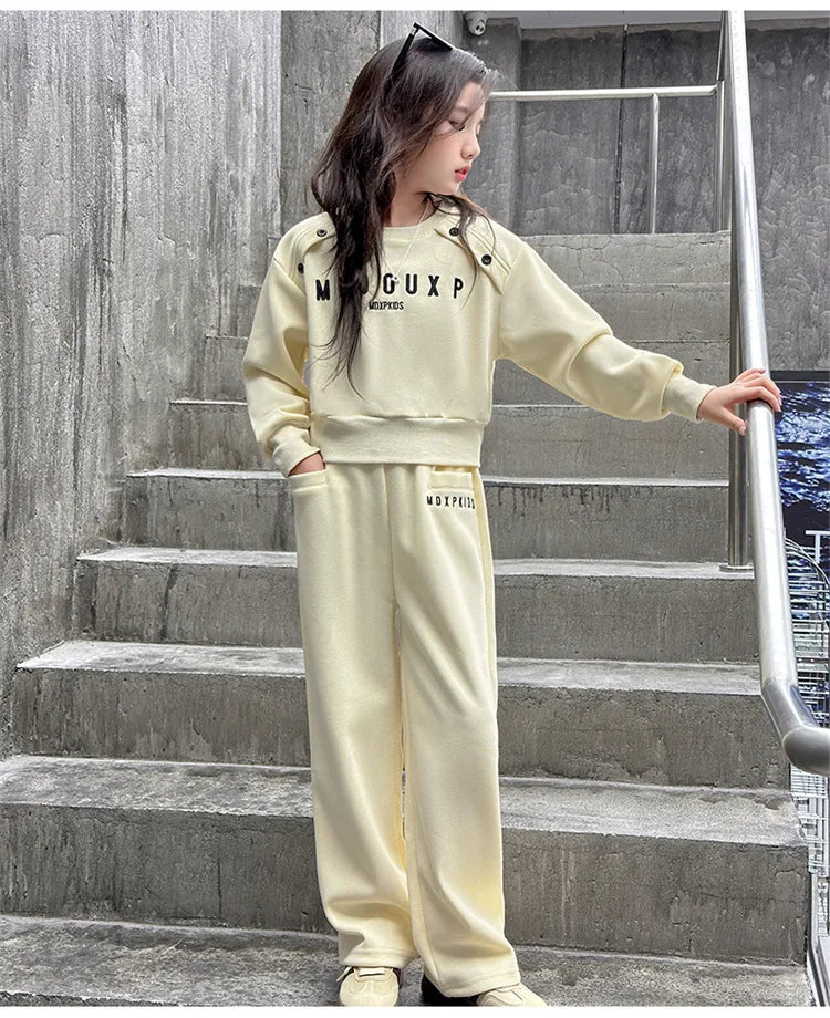 2025 teenager Gray girls Sport Suit winter spring Clothes Long Sleeve sweatshirt & wide leg Pant Casual 4 8 10 11 12 Years