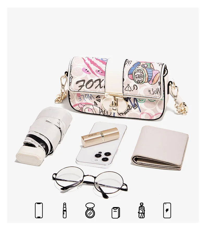 FOXER 2026 Fashion New Women's Underarm Bag PU Leather Graffiti Lady Chain Shoulder Bag Trendy Niche Design Crossbody Bag