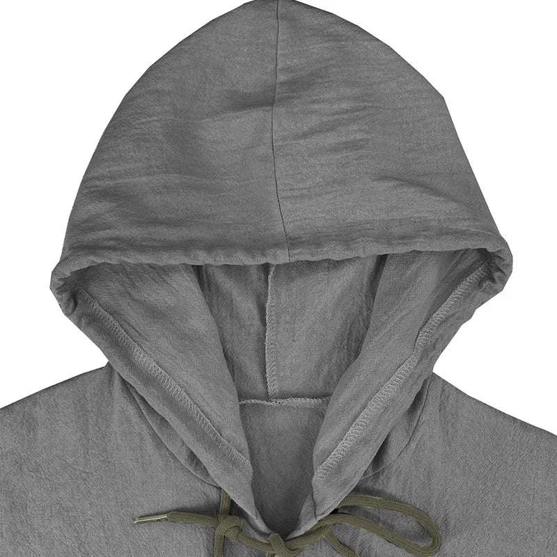 Men's solid color casual shirt, hooded drawstring cotton and linen cardigan, trendy and versatile loose beach T-shirt
