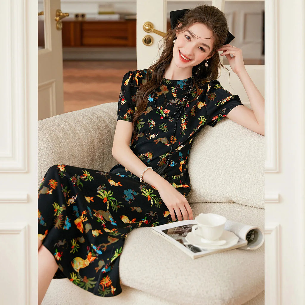LOUIS YAO Women's Printed Dress 2025 Summer Soft Fabric New Cute Animal Flower Patterns Umbrella-shaped Skirt Hem Long Dresses