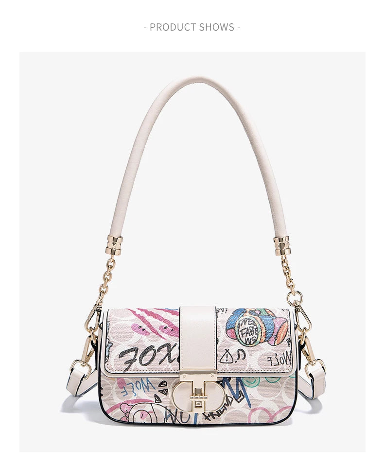FOXER 2026 Fashion New Women's Underarm Bag PU Leather Graffiti Lady Chain Shoulder Bag Trendy Niche Design Crossbody Bag