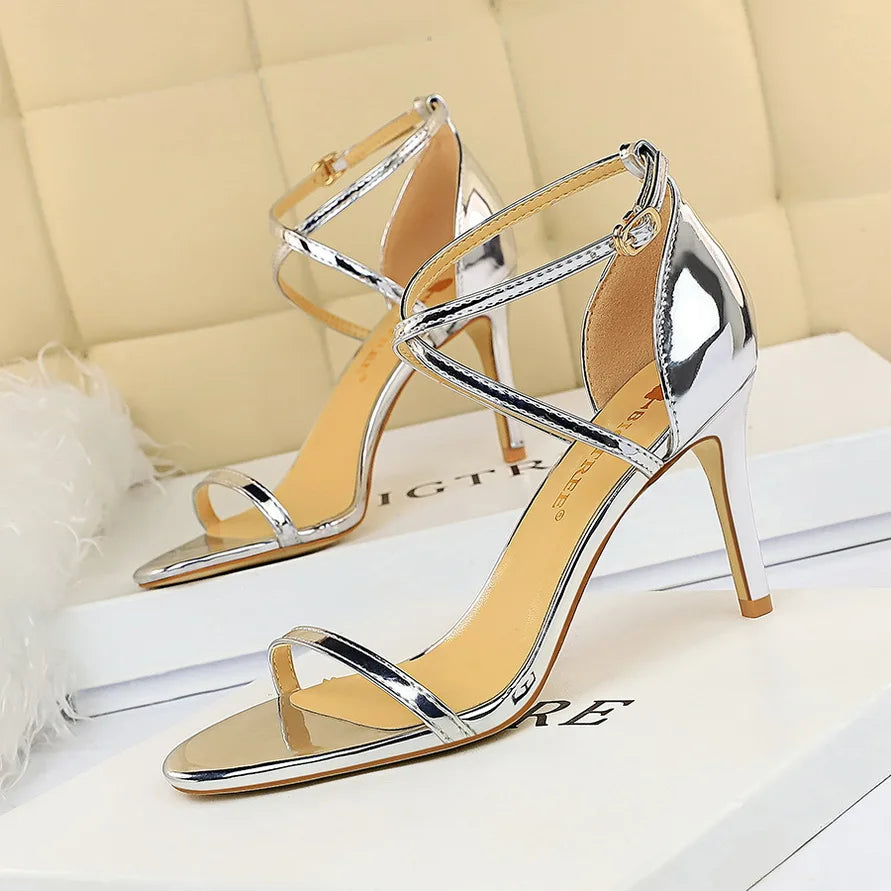 Women Fetish 8cm 11cm High Heels Summer Mid Low Heels Champagne Gold Sandals Roman Pumps Lady Gladiators Stiletto Stripper Shoes