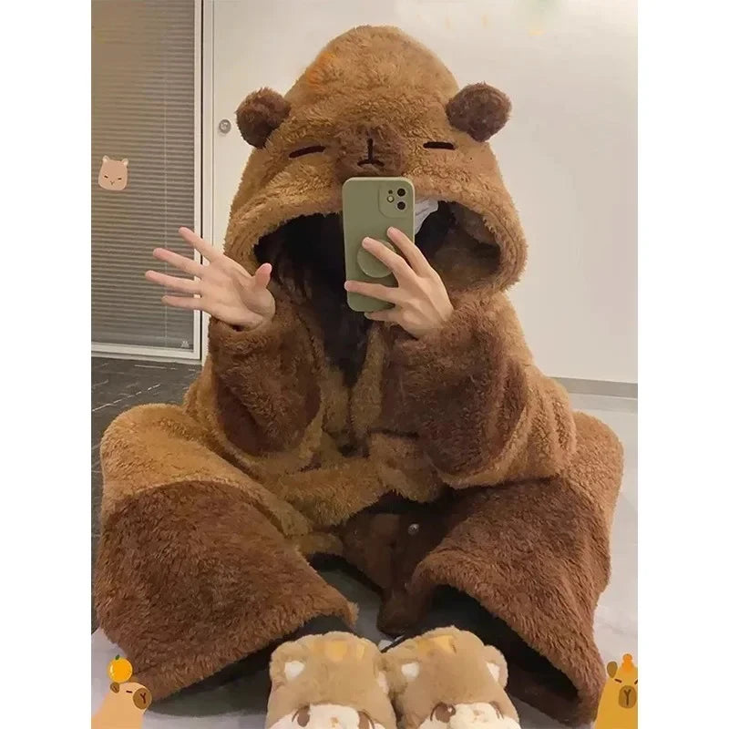 Bathrobe Woman Showerpadded Warm Plus Size Cartoon Bear Pajamas Coffee Color Dressing Gown Coral Velvet One-Piece Pajamas