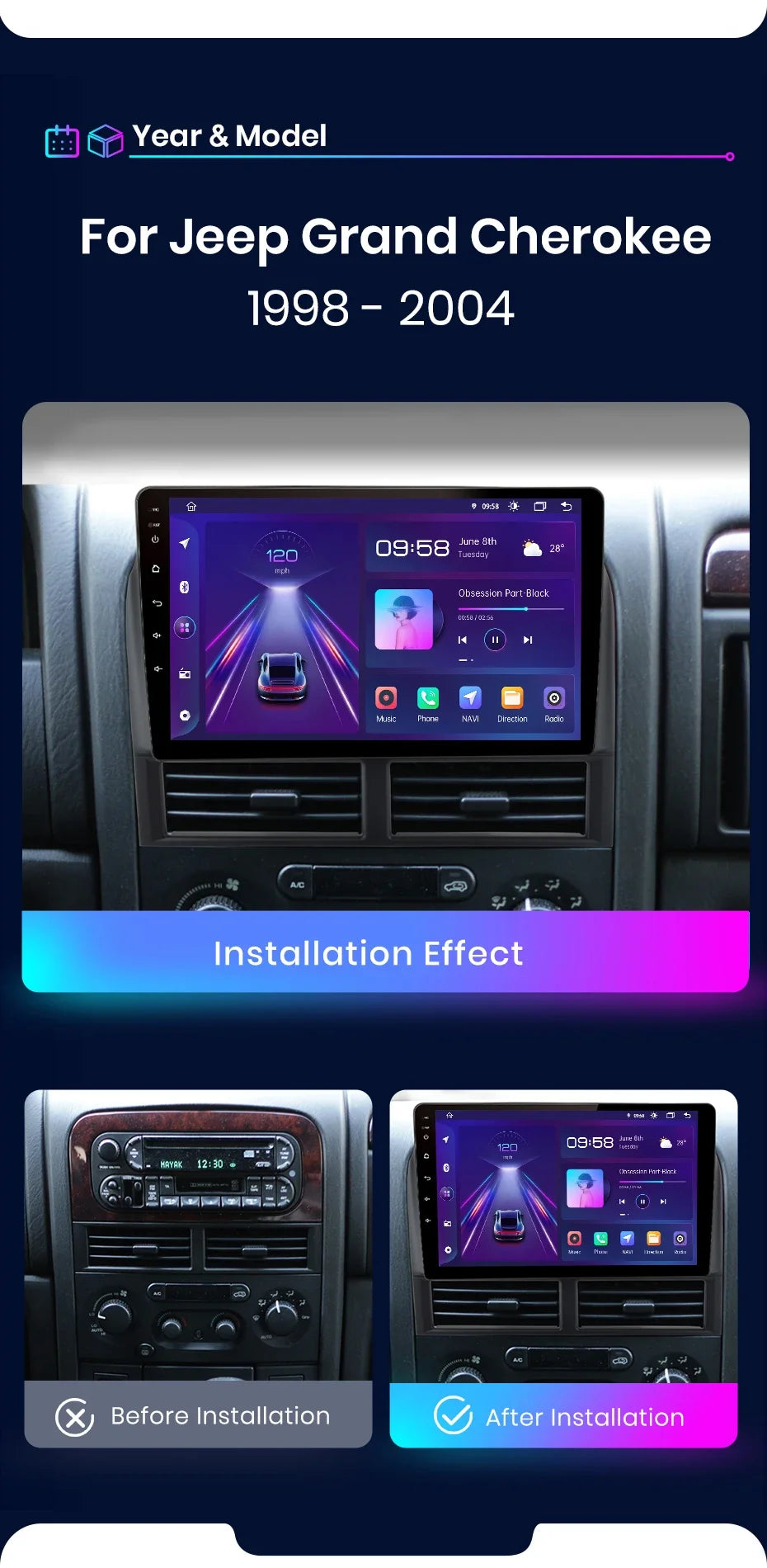 Junsun Wireless CarPlay Car Radio For Jeep Grand Cherokee II WJ 1998-2004 Android Auto RDS 4G WiFi Car Intelligent System