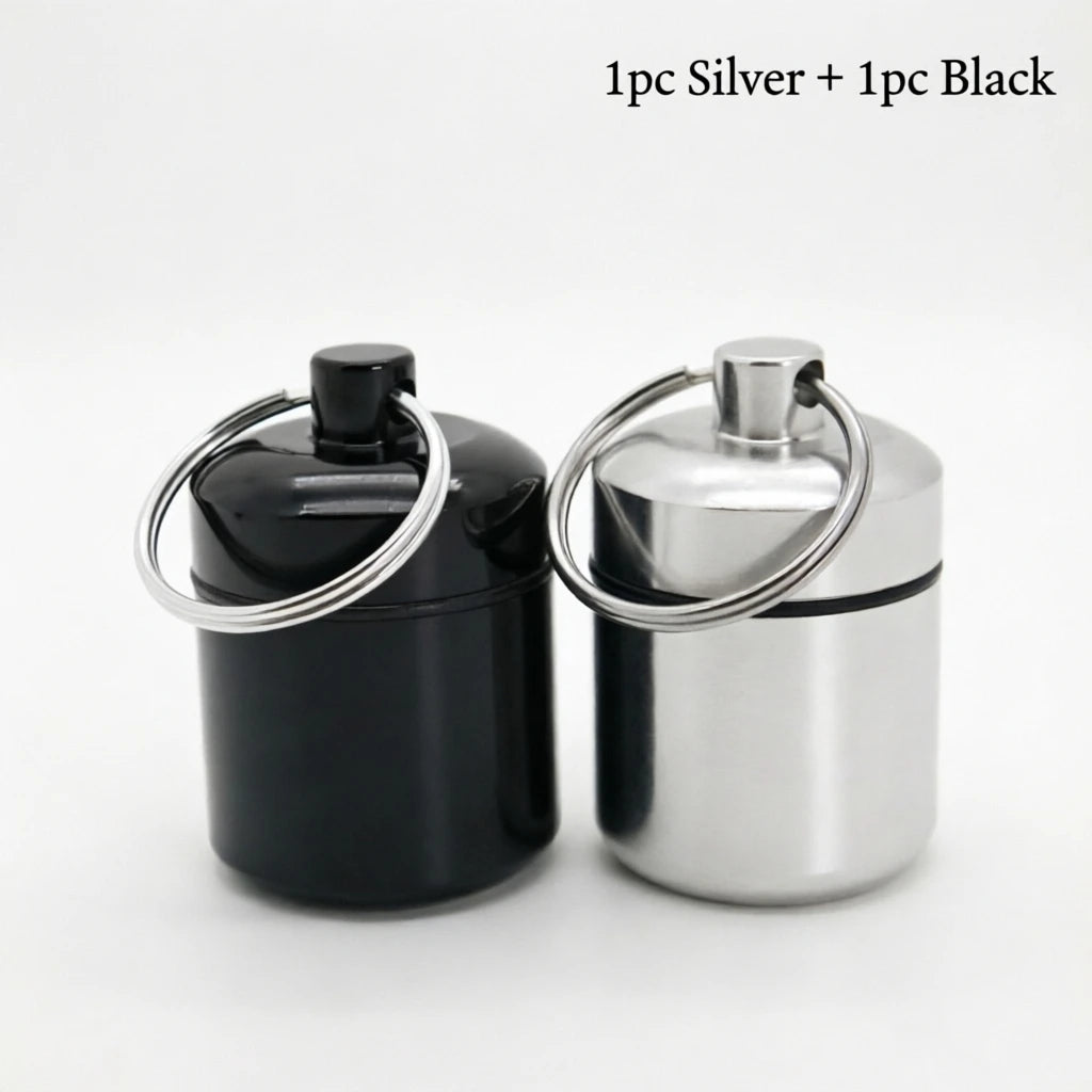 Aluminum Waterproof Pill Box with Sealed Storage, Flat Head, and Keychain for Vitamins Medicine and Fish Oils
