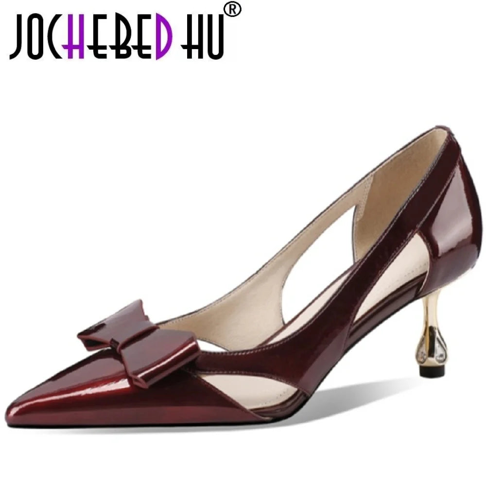 【JOCHEBED HU】Full Genuine Leather Pointed Toe Women Summer Street Wear Stiletto Heels Office Lady Gorgeous Pumps 33-43