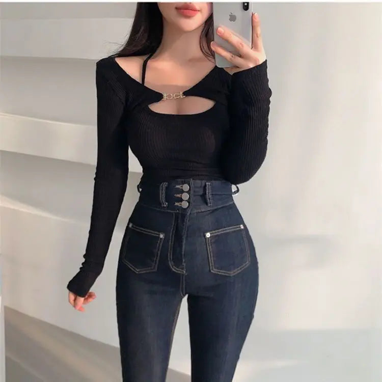 3XL Sets Women Slim Halter Camisoles Long Sleeve Tops 2 Pieces Korean Style Sexy Trendy Y2k Cropped  Spring Female Clothing