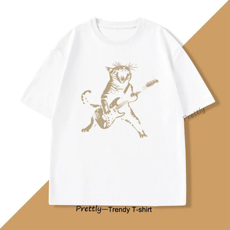 Rock Cat Playing Guitar T Shirt Funny Guitar Cat Tee Shirt Casual Round Neck Cotton Short Sleeve Tshirt Summer Street Trendy Top