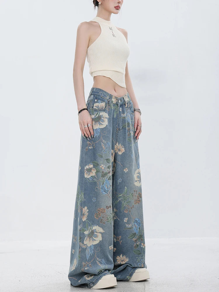 Fashion Printed Jeans 2025 Retro Floral Denim Mopping Trousers Korean Style High Street Loose Hip Hop Wide-leg Jean Pants
