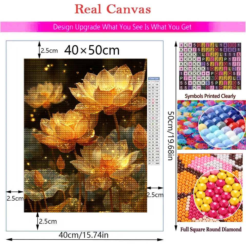 New Arrivals Diamond Painting Art Golden Lotus Full Square Round Mosaic flower 5D DIY Jewelry Cross Stitch Christmas Gifts