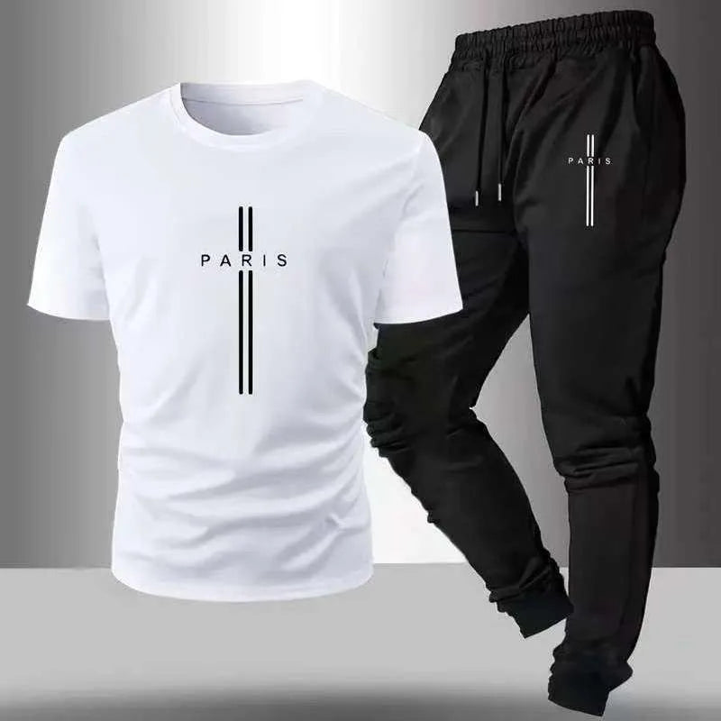 Summer New Fashion Trend Printed Sports Fitness Short-Sleeved T-shirt Long Pants Set Men's Loose Sports Large Size Two-Piece Set