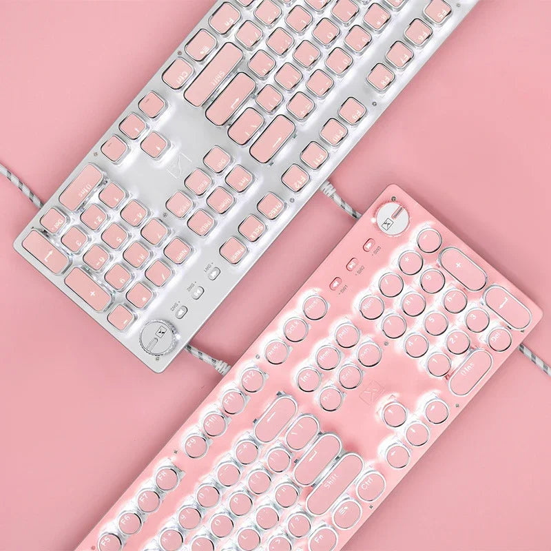 Girl Pink Real Mechanical Keyboard Green Axis Punk Retro Round Key Chocolate Lipstick Office Typing Game Keyboard