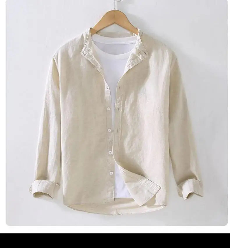 Vintage Men's Long-Sleeve Linen Shirt M-5XL Spring Summer Stand Collar Plain Color Single Breasted Streetwear