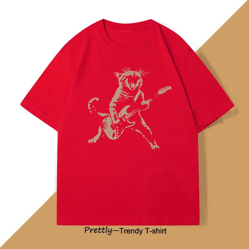 Rock Cat Playing Guitar T Shirt Funny Guitar Cat Tee Shirt Casual Round Neck Cotton Short Sleeve Tshirt Summer Street Trendy Top