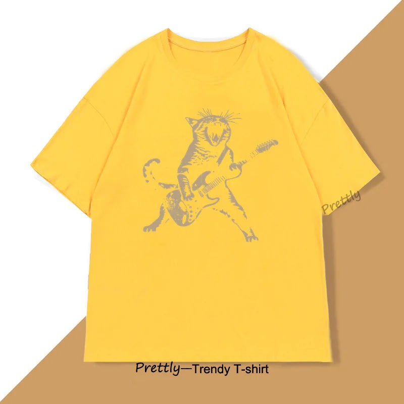 Rock Cat Playing Guitar T Shirt Funny Guitar Cat Tee Shirt Casual Round Neck Cotton Short Sleeve Tshirt Summer Street Trendy Top