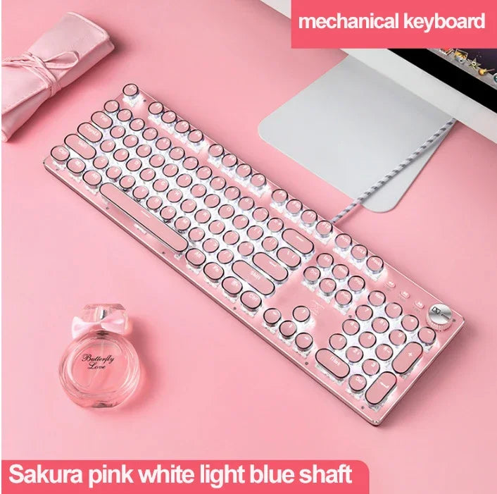 Girl Pink Real Mechanical Keyboard Green Axis Punk Retro Round Key Chocolate Lipstick Office Typing Game Keyboard