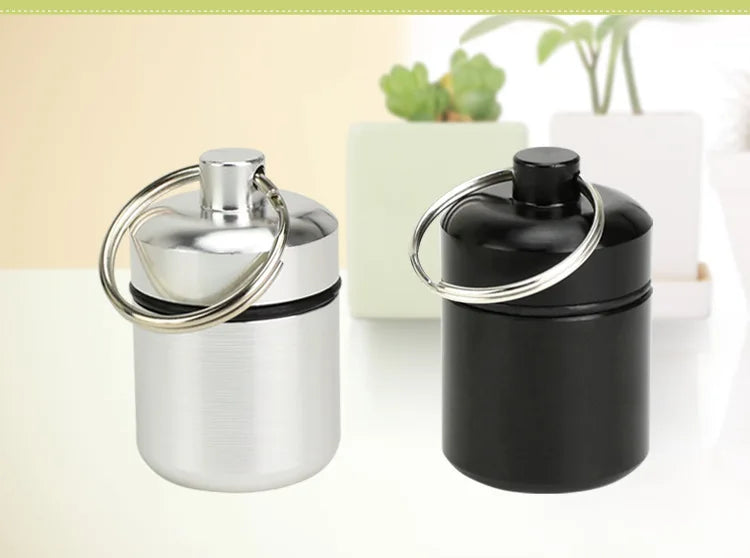 Aluminum Waterproof Pill Box with Sealed Storage, Flat Head, and Keychain for Vitamins Medicine and Fish Oils