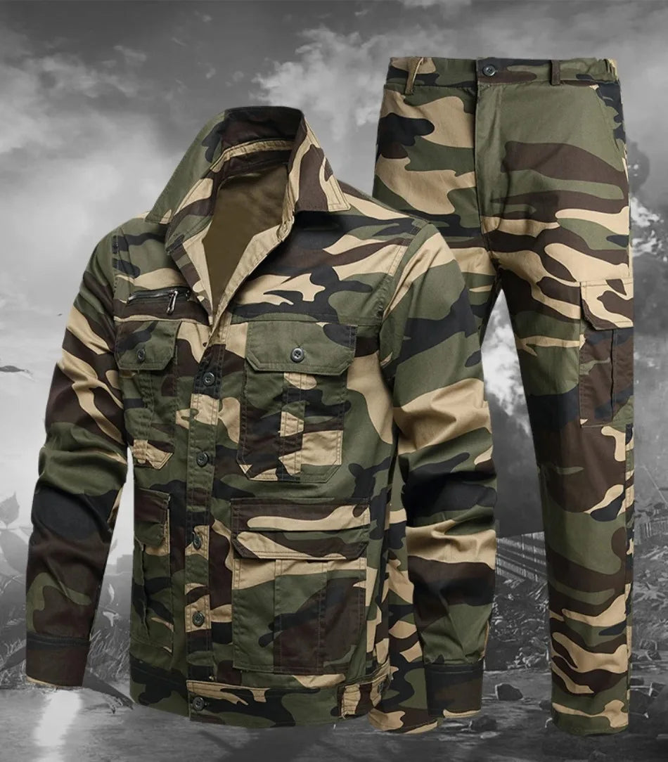 Summer Tactical Set Men Cotton Wear-resistant Camouflage Outdoor Workwear Suit Breathable Multiple Pockets Training Uniform Thin