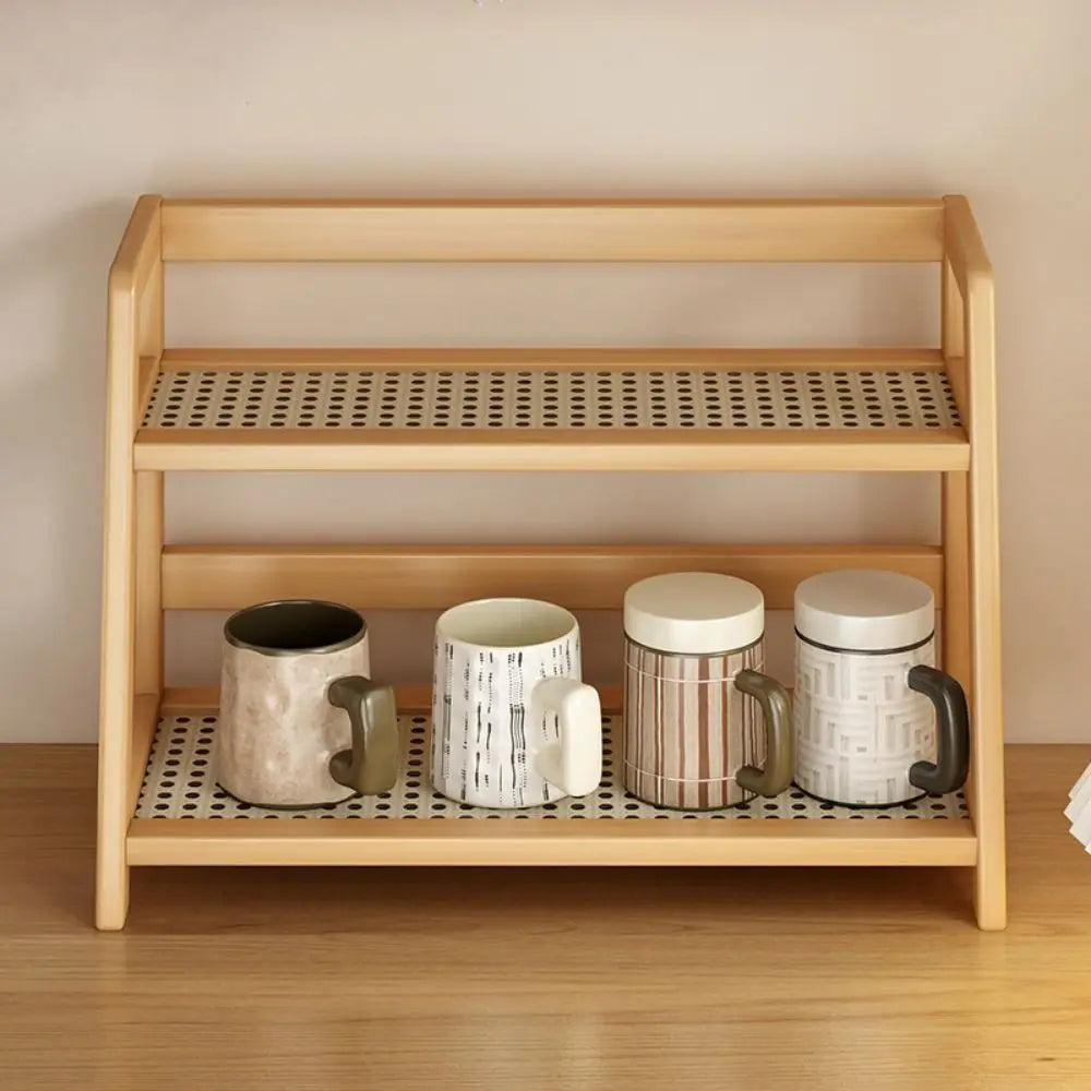 Wooden Storage Shelf for Kitchen Rattan Desktop Organizer Display Rack Spice Rack for Countertop Makeup Organizer