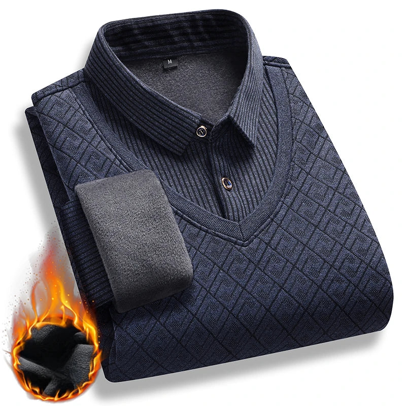 Winter Warm Thick Pullovers Men Polo Neck Fake Two Pieces Sweaters Fashion Casual Striped Fleece Lined Jumper Knitting Sweaters