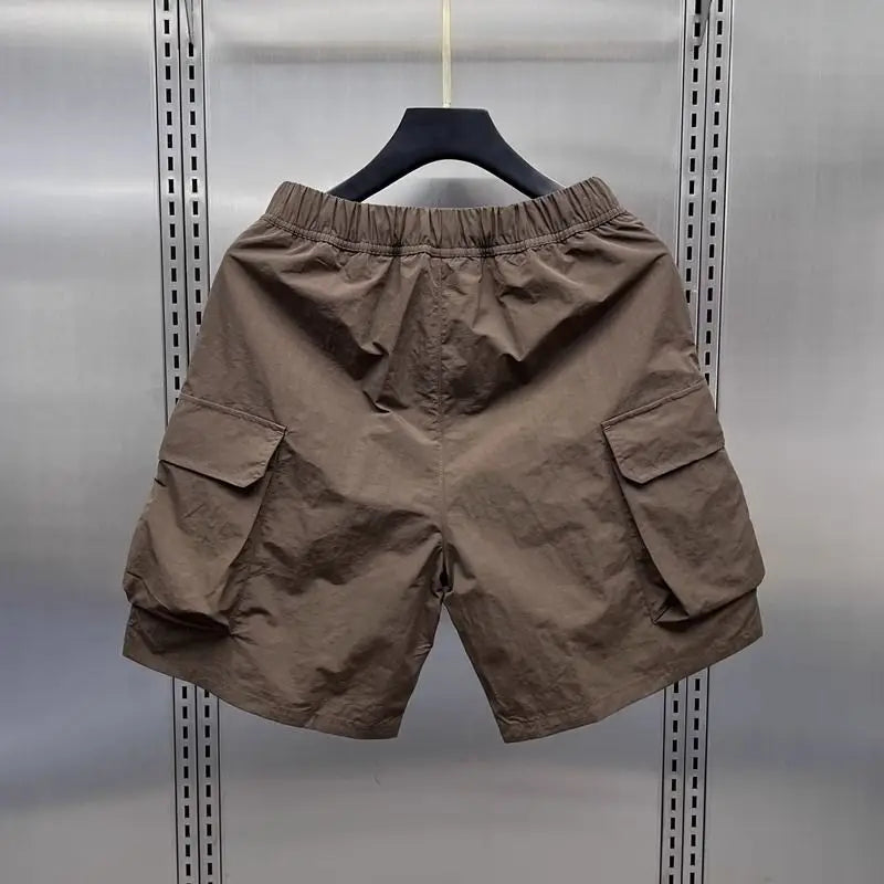 Men's Retro Multi Pocket Cargo Shorts Summer Thin Loose Straight Casual Outerwear Capris Solid Color Drawstring Short Pants