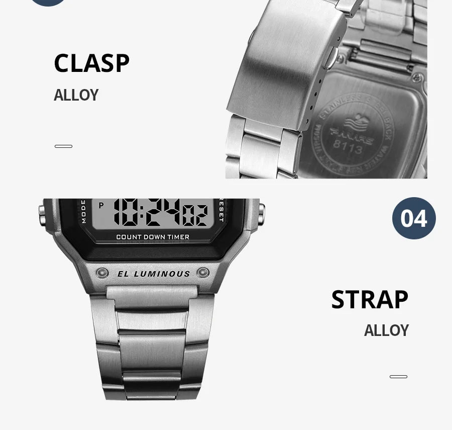 PANARS Top Luxury Stainless Steel Strap Sport Watches Mens Waterproof Back Light Digital Wristwatch Male Alarm