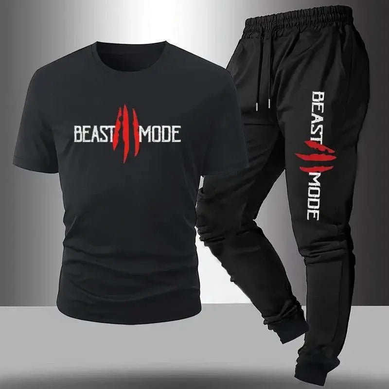 Summer New Fashion Trend Printed Sports Fitness Short-Sleeved T-shirt Long Pants Set Men's Loose Sports Large Size Two-Piece Set