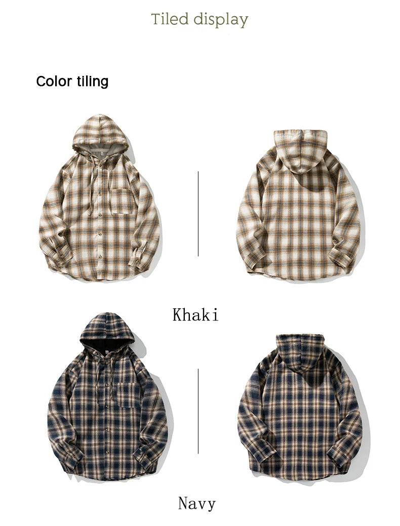 TFETTERS Brand Hooded Shirts Mens Plaid Spring Summer 2025 New Vintage Shirts Male Long Sleeve Fashion Streetwear Mans Coat