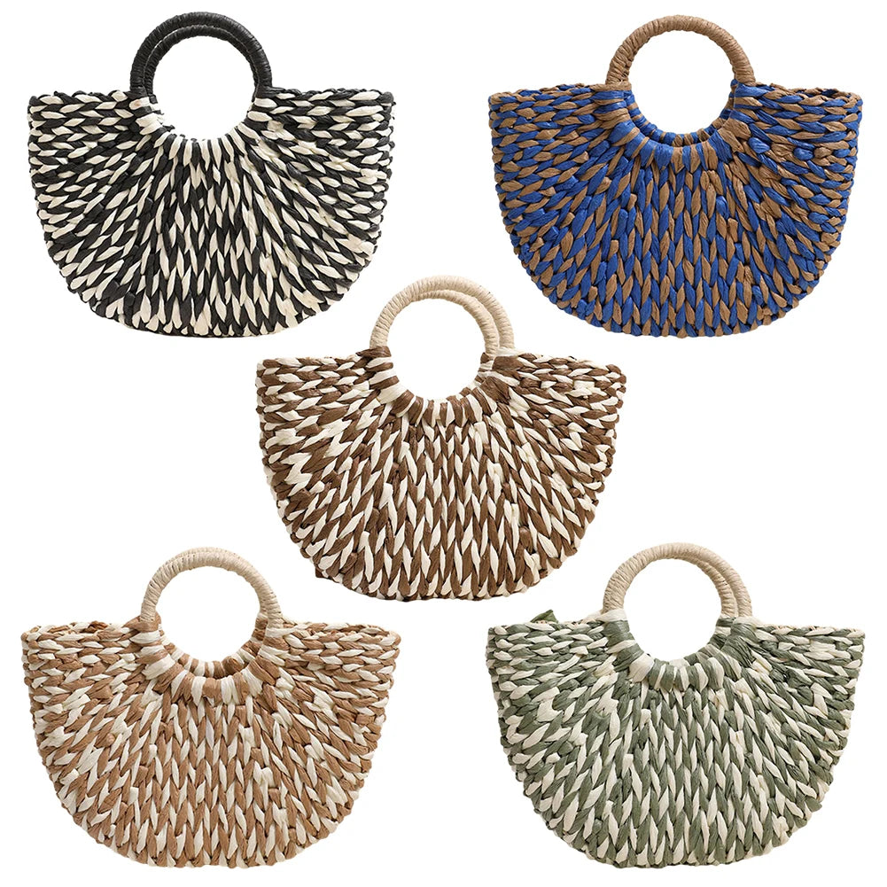 Women Straw Tote Handbag Large Capacity Semi-Circle Woven Bag Color Clash Semicircle Weaving Bag Summer Beach Handbag