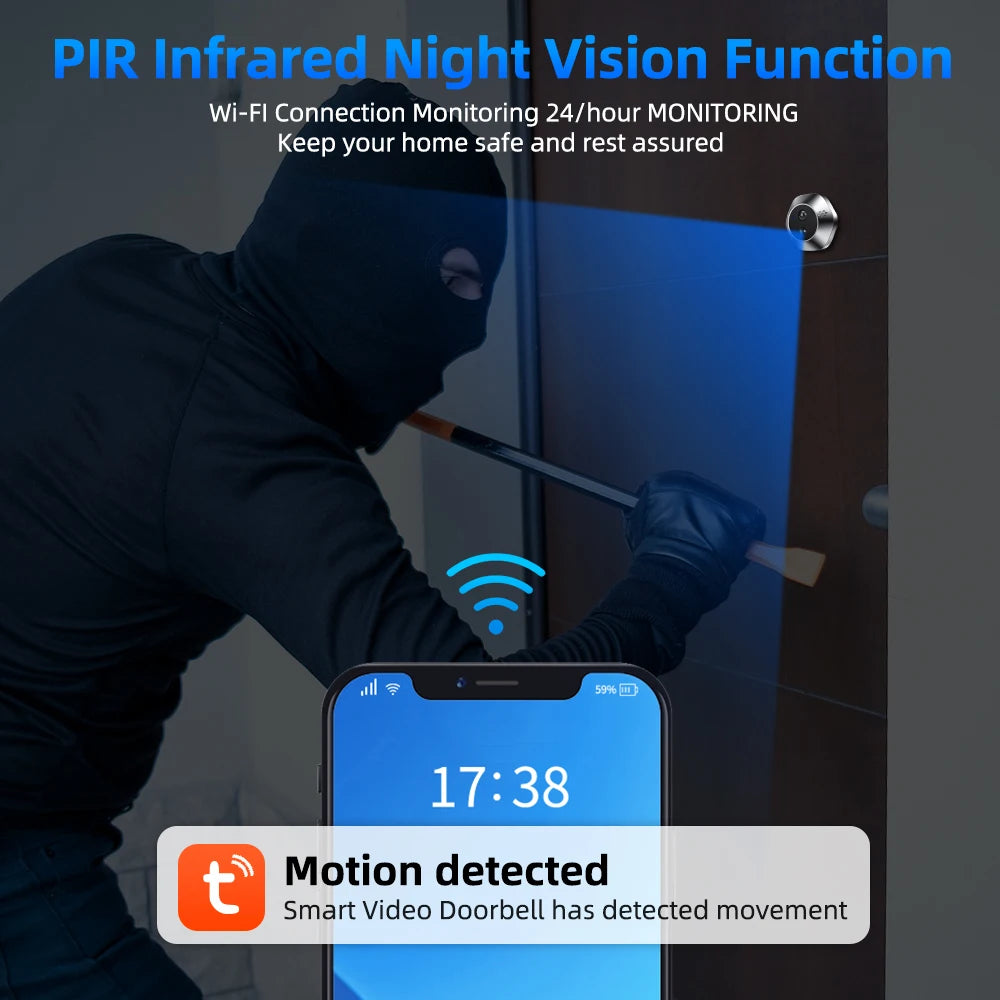 Awapow WiFi Tuya Peephole Camera Smart Life Motion Detection Digital Audio Doorbell Upgrades Two-way Intercom 2 Million HD Pixel