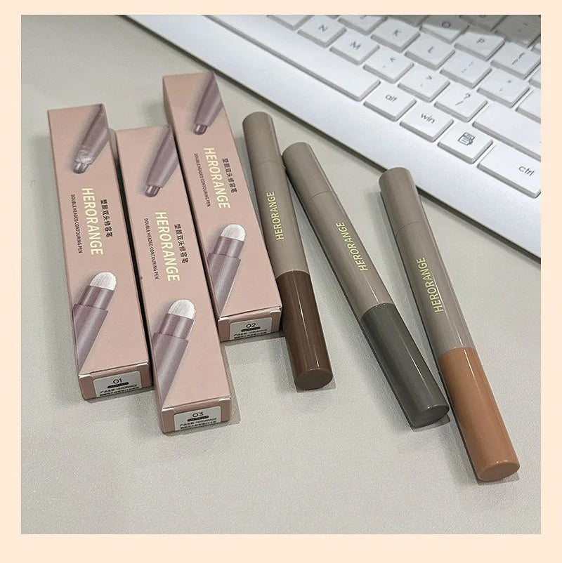Double Head Contour Stick Bronzer with Brush Face Nose Shadow Cream Contour Pen Waterproof Lasting Contouring Makeup Cosmetics