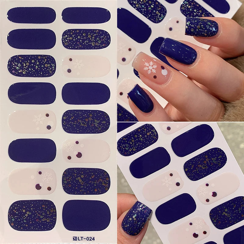 1pc DIY Baking-free Nail Stickers Long-Lasting Solid Color Fresh Flowers Christmas Autumn Nail Strips Patch Full Cover Decal