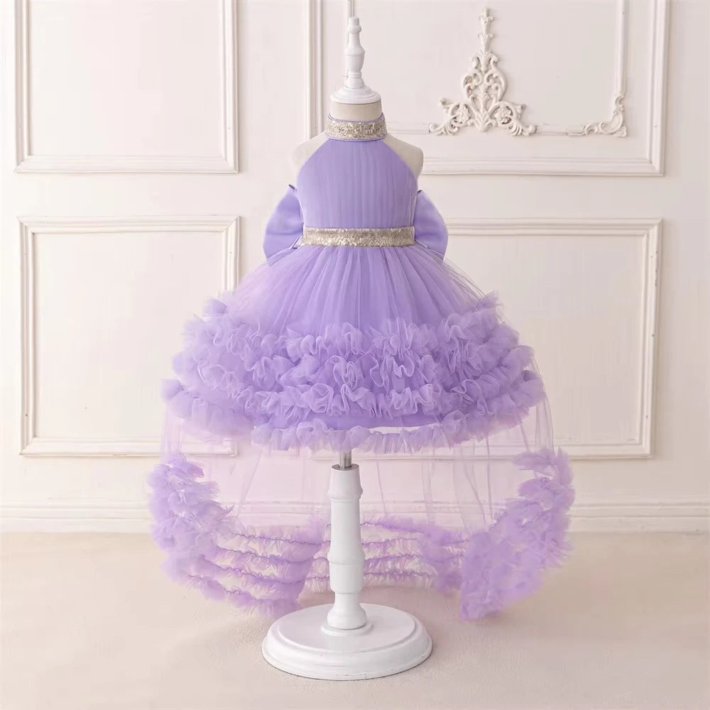 Trailing Big Bow Party Baby Girls Dresses Sequin Baptism Bridesmaid Costume Toddler Birthday Princess Dress Wedding Evening Gown