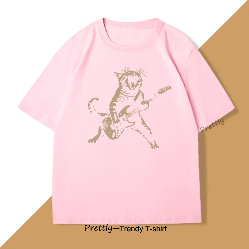 Rock Cat Playing Guitar T Shirt Funny Guitar Cat Tee Shirt Casual Round Neck Cotton Short Sleeve Tshirt Summer Street Trendy Top