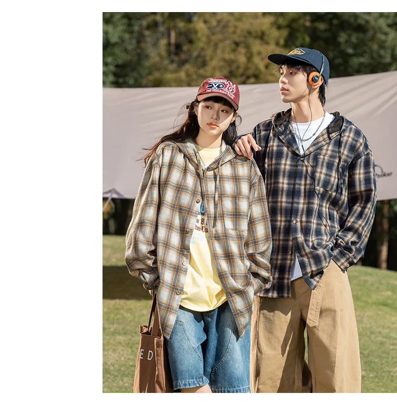 TFETTERS Brand Hooded Shirts Mens Plaid Spring Summer 2025 New Vintage Shirts Male Long Sleeve Fashion Streetwear Mans Coat