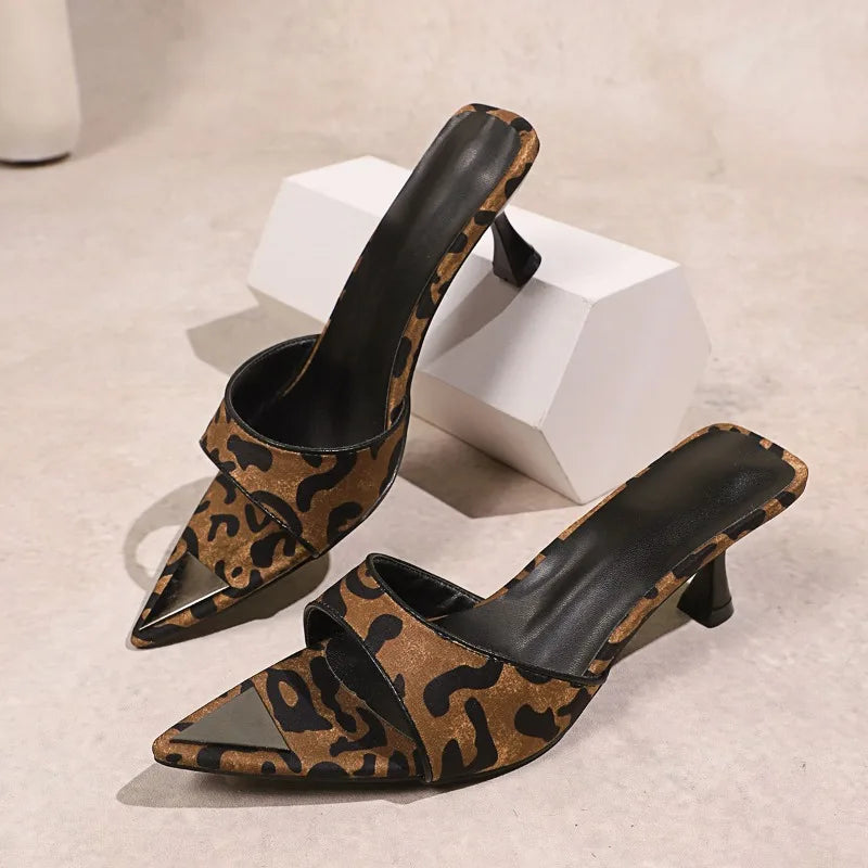 Women's Sandals 2025 Summer Trend Leopard Print Mid-Heel Slippers Party Designer Brand High Heels Comfortable Beach Slingbacks